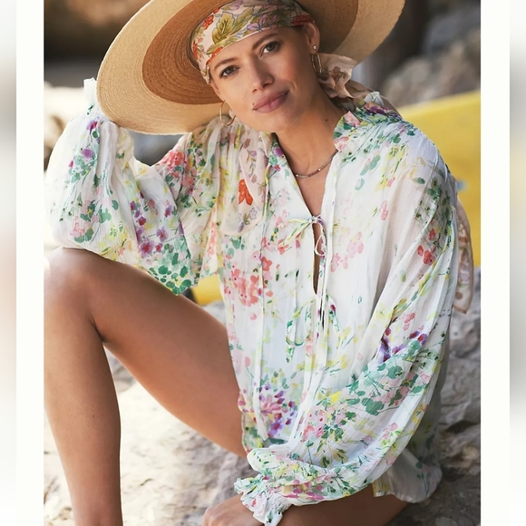 Sabina Musayev Floral Puff Sleeve Tie Top Size S White Multicolor - Picture 4 of 11